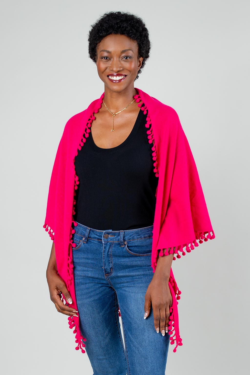 Pom-Pom Triangle Wrap - Raspberry