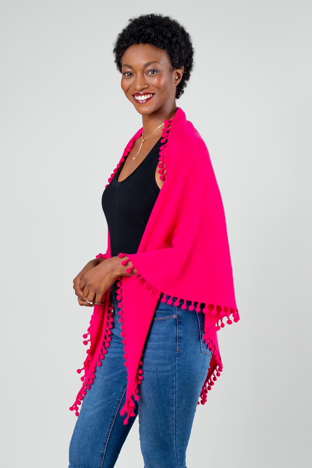 Pom-Pom Triangle Wrap - Raspberry