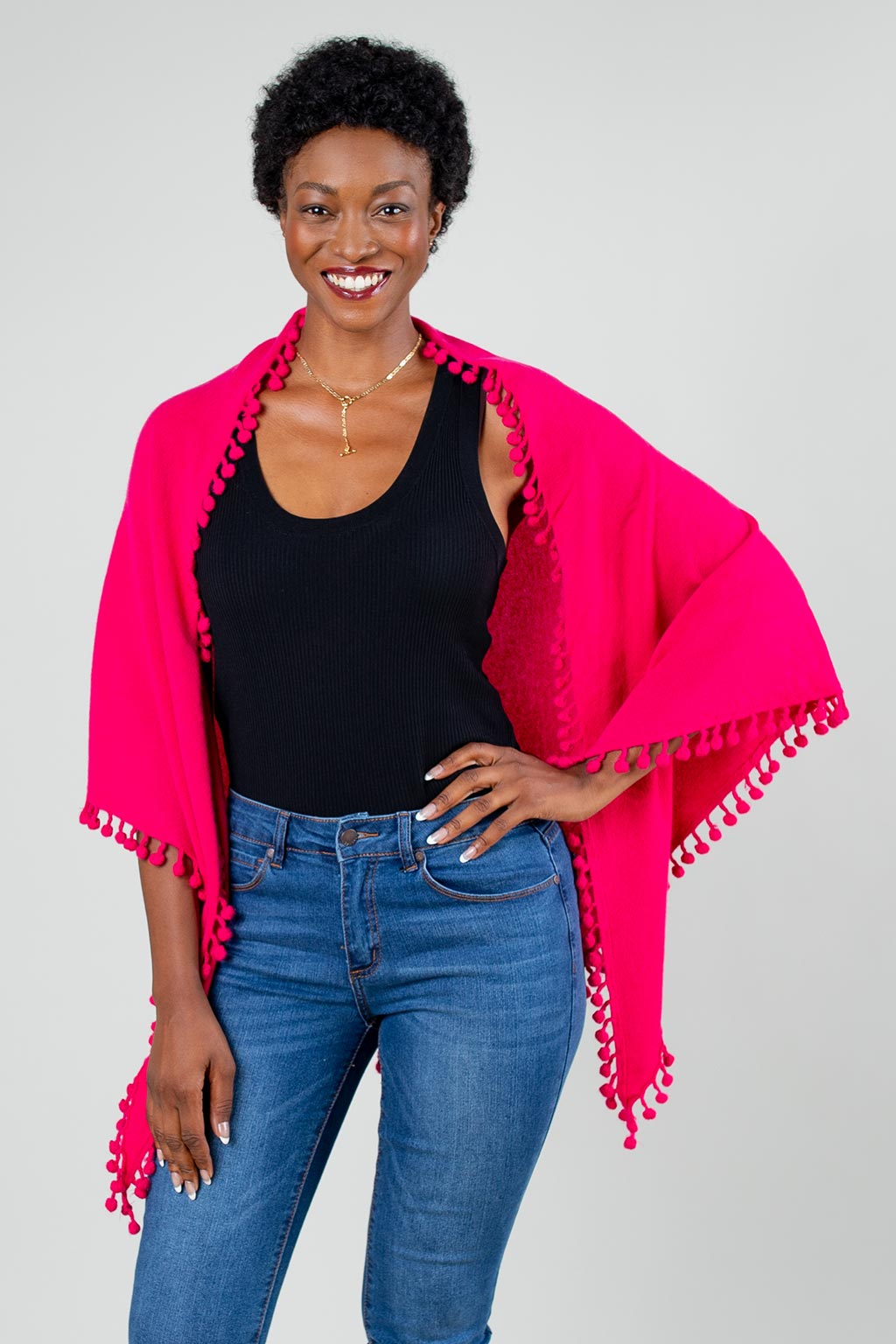 Pom-Pom Triangle Wrap - Raspberry