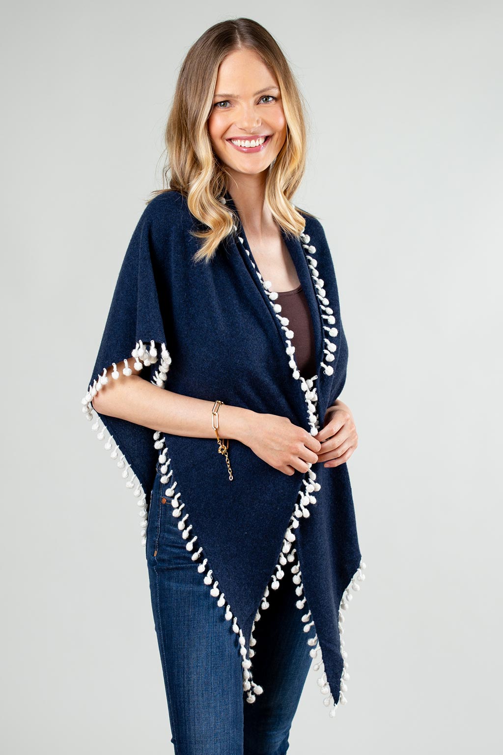 Pom-Pom Triangle Wrap - Midnight/Ivory